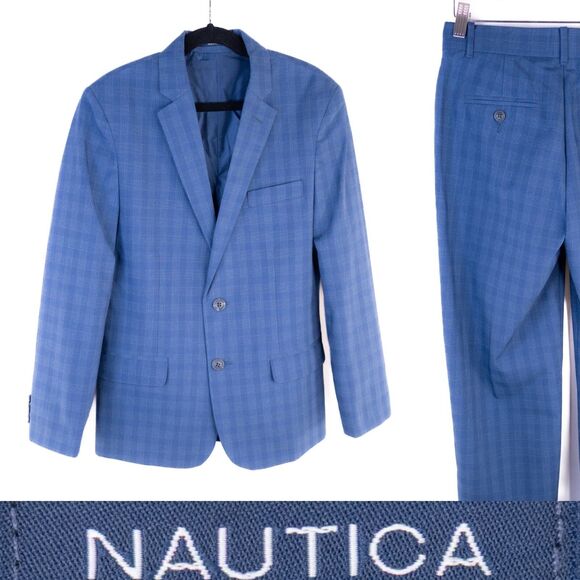 Nautica2-piece Suit Check Blue 2 Button Jacket Blazer Boys 12 Pants 26X24